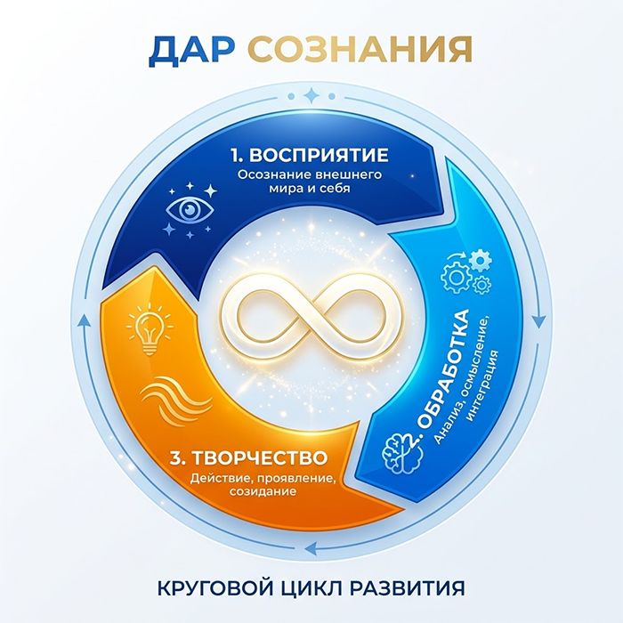 Круговая схема трёх шагов цикла Дар сознания