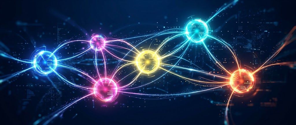 Нейросеть из 5 цветных узлов со светящимися нитями-связями